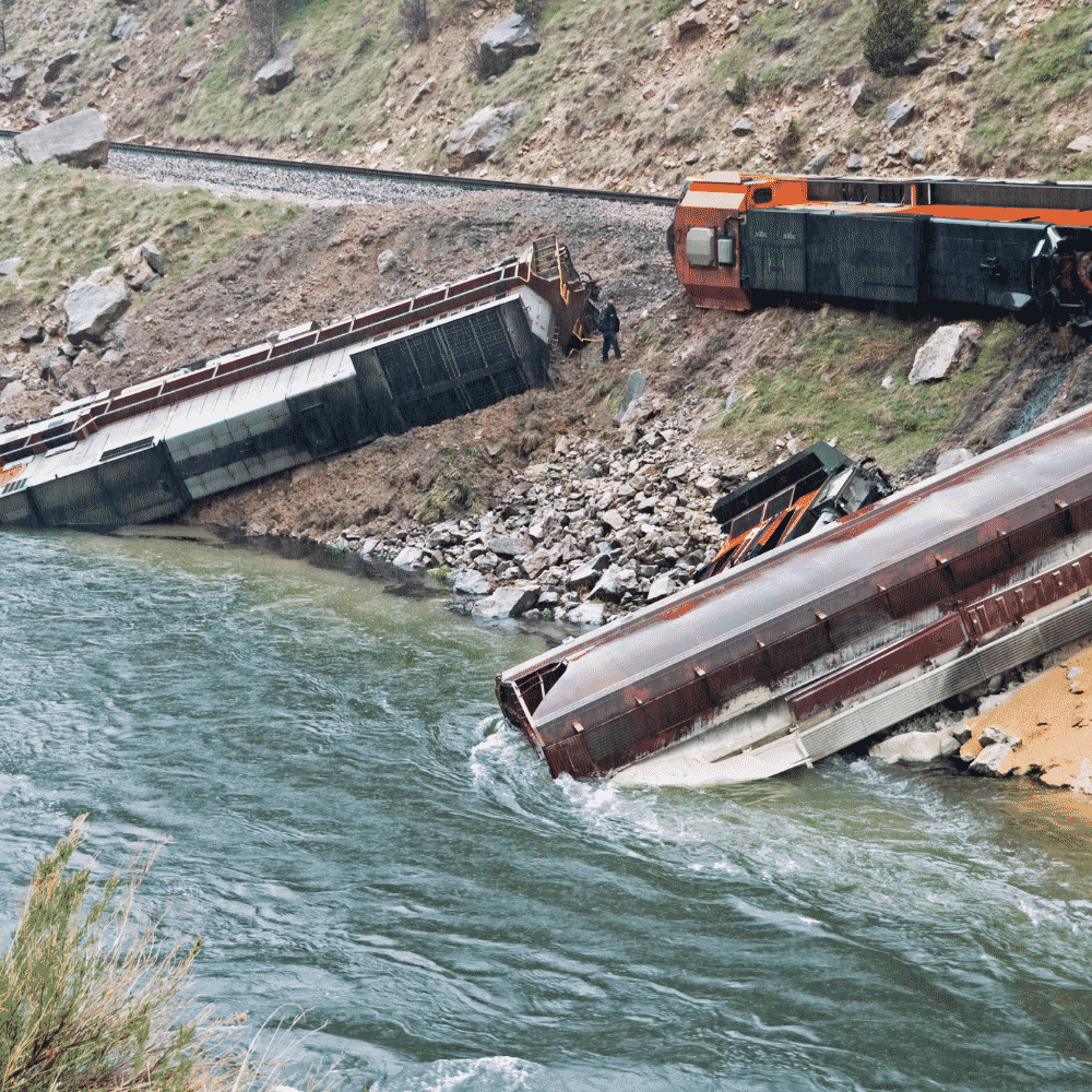 tren descarrilado al agua