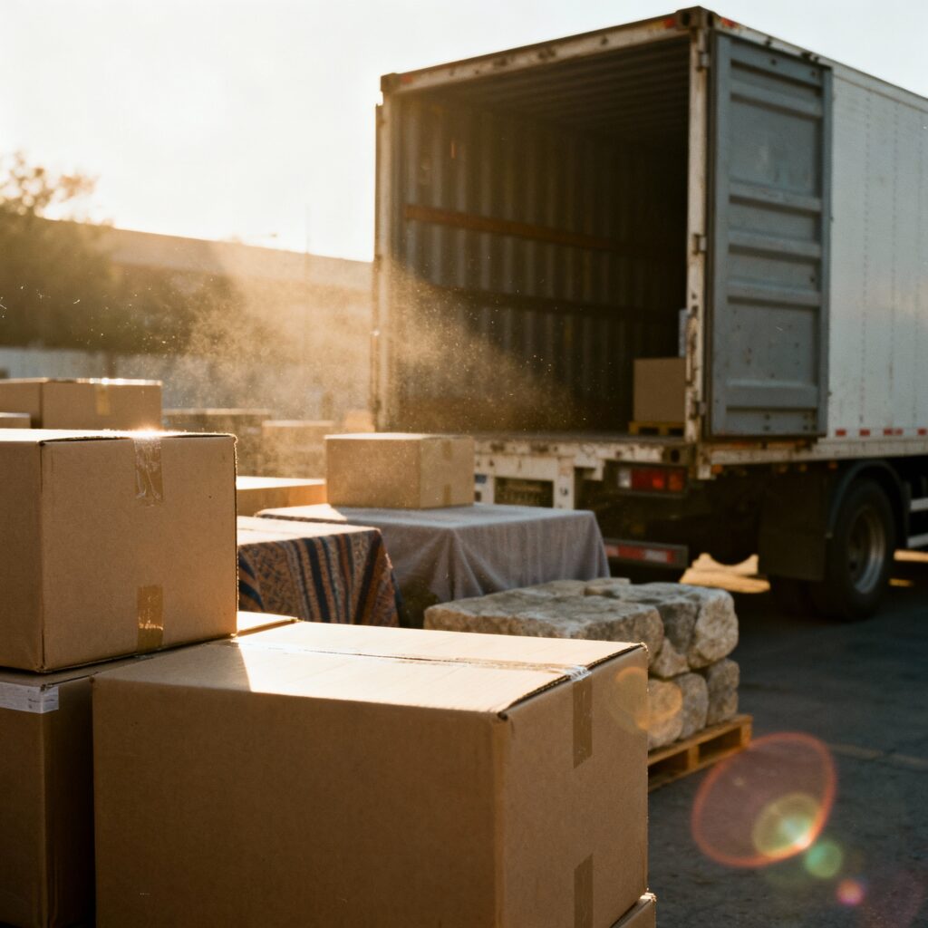 Maqueta de camión de carga con contenedores blancos, concepto de logística y protección de mercancías.