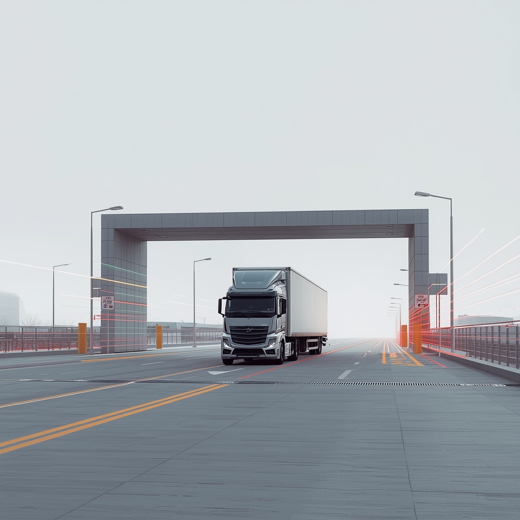 Cross-border cargo truck crossing the Mexico–US border with insured freight